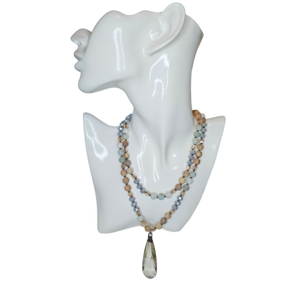 Jasper and Crystal Long Beaded Necklace - Blue and Tan